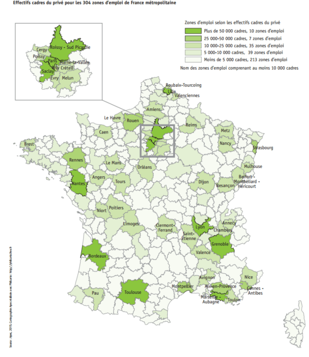 Emploi cadre : effectifs cadres du privé pour les 340 zones d'emploi de France métropolitaine